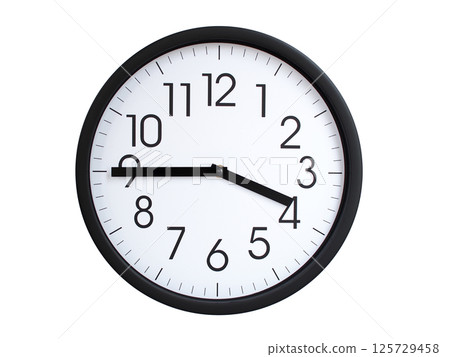 Simple round wall clock with black frame and white face, showing the time exactly at 03:45 or 15:45. Representing time precision in concepts of deadlines. 125729458