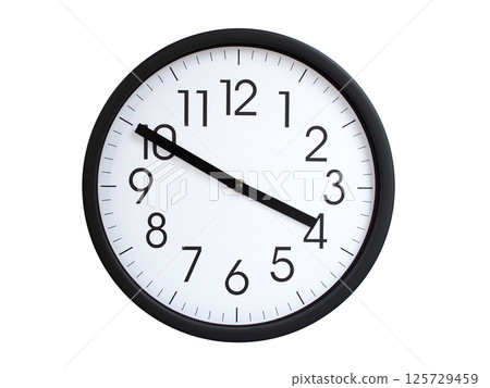 Simple round wall clock with black frame and white face, showing the time exactly at 03:50 or 15:50. Representing time precision in concepts of deadlines. 125729459