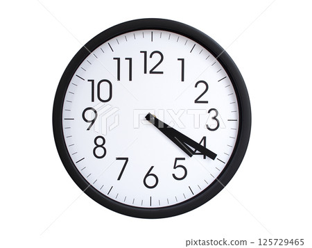 Simple round wall clock with black frame and white face, showing the time exactly at 04:20 or 16:20. Representing time precision in concepts of deadlines. 125729465