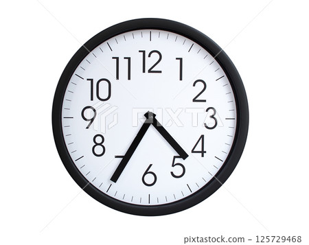 Simple round wall clock with black frame and white face, showing the time exactly at 04:35 or 16:35. Representing time precision in concepts of deadlines. Simple round wall clock with black frame and white face, showing the time exactly at 04:35 or 16:35. Representing time precision in concepts of deadlines. 125729468