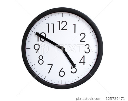 Simple round wall clock with black frame and white face, showing the time exactly at 04:50 or 16:50. Representing time precision in concepts of deadlines. Simple round wall clock with black frame and white face, showing the time exactly at 04:50 or 16:50. Representing time precision in concepts of deadlines. 125729471