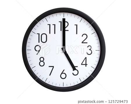 Simple round wall clock with black frame and white face, showing the time exactly at 05:00 or 17:00. Representing time precision in concepts of deadlines. Simple round wall clock with black frame and white face, showing the time exactly at 05:00 or 17:00. Representing time precision in concepts of deadlines. 125729473