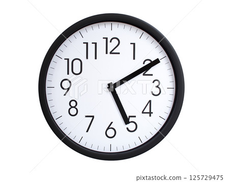 Simple round wall clock with black frame and white face, showing the time exactly at 05:10 or 17:10. Representing time precision in concepts of deadlines. Simple round wall clock with black frame and white face, showing the time exactly at 05:10 or 17:10. Representing time precision in concepts of deadlines. 125729475