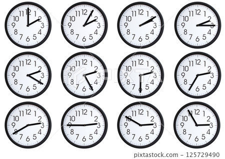 Collection of 12 round wall clocks displaying  02:00 to 02:55 or 14:00 to 14:55 on a clean white background, useful for concepts such as time zones, time management. 125729490