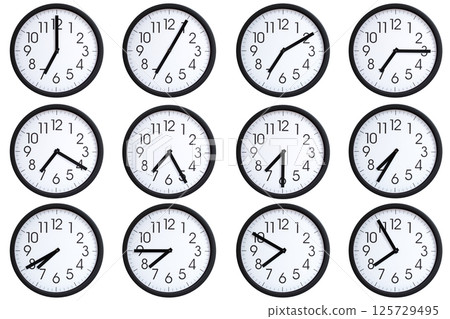 Collection of 12 round wall clocks displaying  07:00 to 07:55 or 19:00 to 19:55 on a clean white background, useful for concepts such as time zones, time management. 125729495