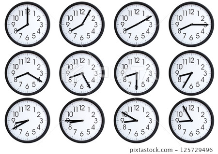 Collection of 12 round wall clocks displaying  08:00 to 08:55 or 20:00 to 20:55 on a clean white background, useful for concepts such as time zones, time management. 125729496