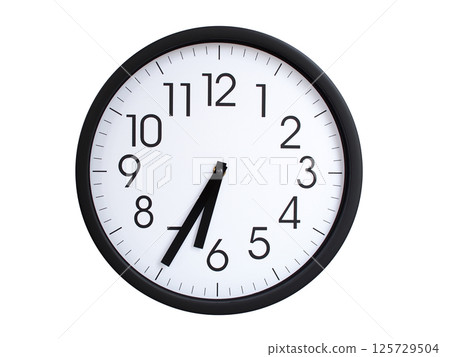 Simple round wall clock with black frame and white face, showing the time exactly at 06:35 or 18:35. Representing time precision in concepts of deadlines. 125729504