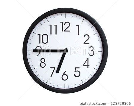Simple round wall clock with black frame and white face, showing the time exactly at 06:45 or 18:45. Representing time precision in concepts of deadlines. Simple round wall clock with black frame and white face, showing the time exactly at 06:45 or 18:45. Representing time precision in concepts of deadlines. 125729506