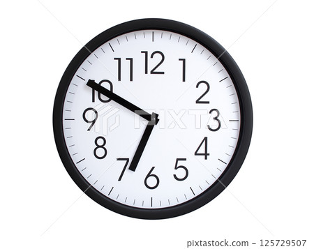 Simple round wall clock with black frame and white face, showing the time exactly at 06:50 or 18:50. Representing time precision in concepts of deadlines. Simple round wall clock with black frame and white face, showing the time exactly at 06:50 or 18:50. Representing time precision in concepts of deadlines. 125729507