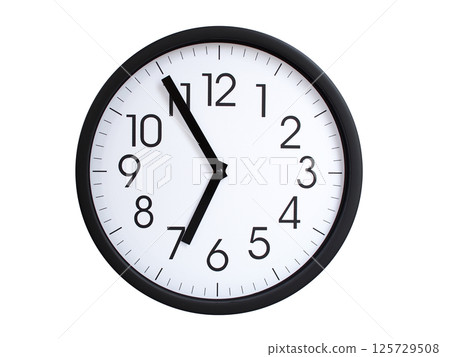 Simple round wall clock with black frame and white face, showing the time exactly at 06:55 or 18:55. Representing time precision in concepts of deadlines. Simple round wall clock with black frame and white face, showing the time exactly at 06:55 or 18:55. Representing time precision in concepts of deadlines. 125729508