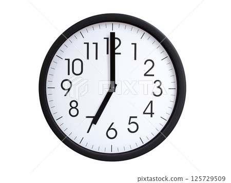 Simple round wall clock with black frame and white face, showing the time exactly at 07:00 or 19:00. Representing time precision in concepts of deadlines. Simple round wall clock with black frame and white face, showing the time exactly at 07:00 or 19:00. Representing time precision in concepts of deadlines. 125729509