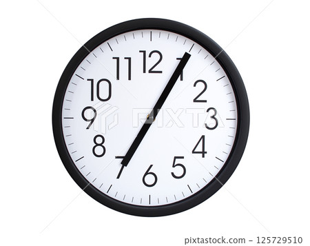Simple round wall clock with black frame and white face, showing the time exactly at 07:05 or 19:05. Representing time precision in concepts of deadlines. Simple round wall clock with black frame and white face, showing the time exactly at 07:05 or 19:05. Representing time precision in concepts of deadlines. 125729510