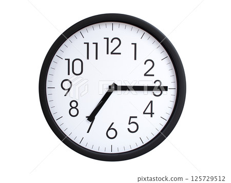 Simple round wall clock with black frame and white face, showing the time exactly at 07:15 or 19:15. Representing time precision in concepts of deadlines. Simple round wall clock with black frame and white face, showing the time exactly at 07:15 or 19:15. Representing time precision in concepts of deadlines. 125729512