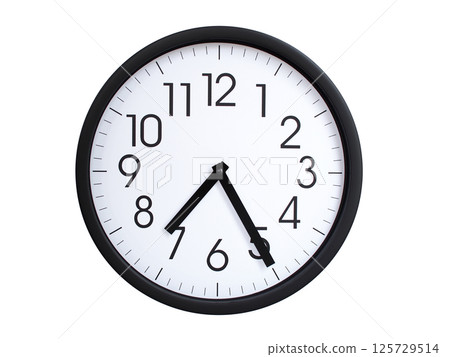 Simple round wall clock with black frame and white face, showing the time exactly at 07:25 or 19:25. Representing time precision in concepts of deadlines. Simple round wall clock with black frame and white face, showing the time exactly at 07:25 or 19:25. Representing time precision in concepts of deadlines. 125729514