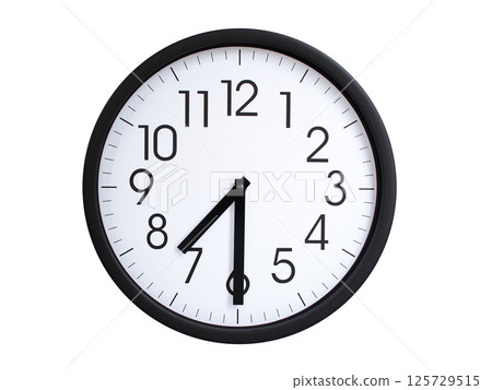 Simple round wall clock with black frame and white face, showing the time exactly at 07:30 or 19:30. Representing time precision in concepts of deadlines. Simple round wall clock with black frame and white face, showing the time exactly at 07:30 or 19:30. Representing time precision in concepts of deadlines. 125729515