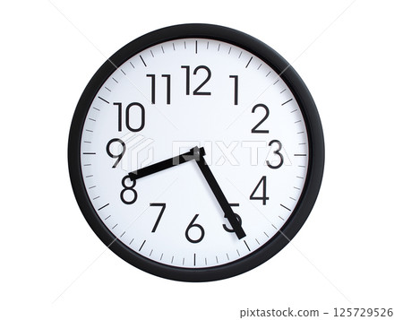 Simple round wall clock with black frame and white face, showing the time exactly at 08:25 or 20:25. Representing time precision in concepts of deadlines. Simple round wall clock with black frame and white face, showing the time exactly at 08:25 or 20:25. Representing time precision in concepts of deadlines. 125729526