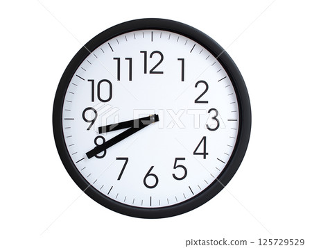 Simple round wall clock with black frame and white face, showing the time exactly at 08:40 or 20:40. Representing time precision in concepts of deadlines. 125729529