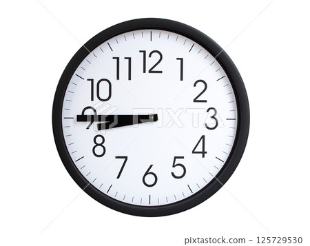 Simple round wall clock with black frame and white face, showing the time exactly at 08:45 or 20:45. Representing time precision in concepts of deadlines. 125729530