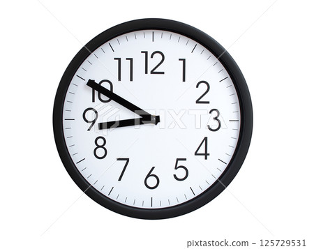 Simple round wall clock with black frame and white face, showing the time exactly at 08:50 or 20:50. Representing time precision in concepts of deadlines. Simple round wall clock with black frame and white face, showing the time exactly at 08:50 or 20:50. Representing time precision in concepts of deadlines. 125729531