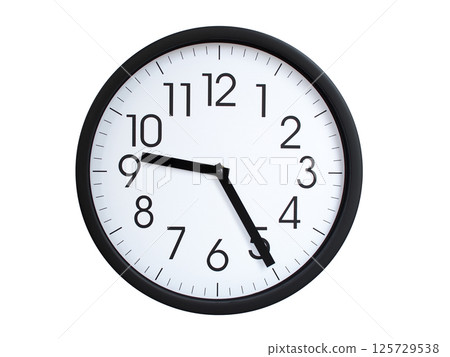 Simple round wall clock with black frame and white face, showing the time exactly at 09:25 or 21:25. Representing time precision in concepts of deadlines. Simple round wall clock with black frame and white face, showing the time exactly at 09:25 or 21:25. Representing time precision in concepts of deadlines. 125729538