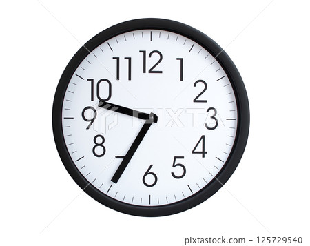 Simple round wall clock with black frame and white face, showing the time exactly at 09:35 or 21:35. Representing time precision in concepts of deadlines. 125729540
