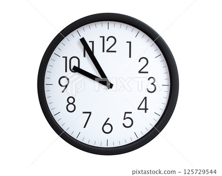 Simple round wall clock with black frame and white face, showing the time exactly at 09:55 or 21:55. Representing time precision in concepts of deadlines. 125729544
