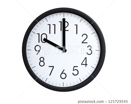 Simple round wall clock with black frame and white face, showing the time exactly at 10:00 or 22:00. Representing time precision in concepts of deadlines. 125729545
