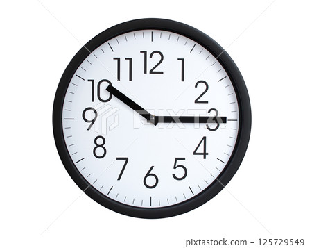 Simple round wall clock with black frame and white face, showing the time exactly at 10:15 or 22:15. Representing time precision in concepts of deadlines. 125729549