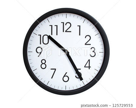 Simple round wall clock with black frame and white face, showing the time exactly at 10:25 or 22:25. Representing time precision in concepts of deadlines. 125729553