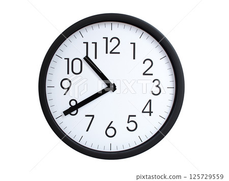 Simple round wall clock with black frame and white face, showing the time exactly at 10:40 or 22:40. Representing time precision in concepts of deadlines. Simple round wall clock with black frame and white face, showing the time exactly at 10:40 or 22:40. Representing time precision in concepts of deadlines. 125729559