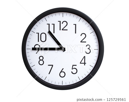 Simple round wall clock with black frame and white face, showing the time exactly at 10:45 or 22:45. Representing time precision in concepts of deadlines. 125729561