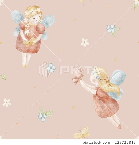 Watercolor pattern of fairy girl, butterflies fly in flowers. Illustration hand drawn in cartoon style. Seamless print children on pink background for fabric, baby clothes, textiles, packaging 125729815