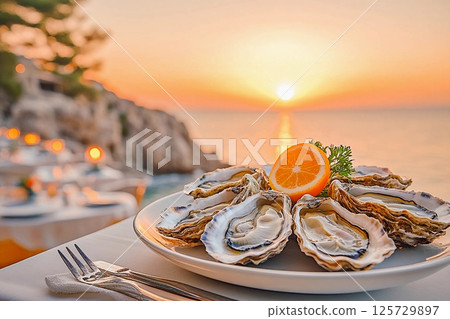Fresh oysters served with lemon at seaside dining during sunset 125729897