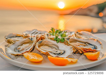 Fresh oysters served with lemon at seaside dining during sunset 125729898