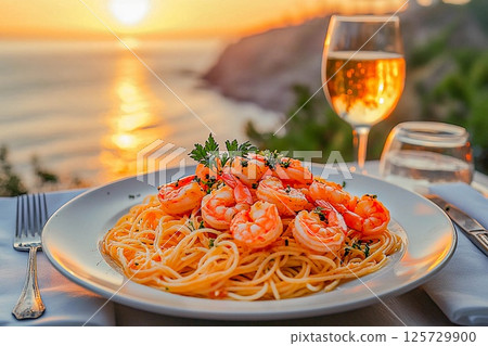 Shrimp pasta is elegantly plated with a view of the sunset over the ocean. 125729900