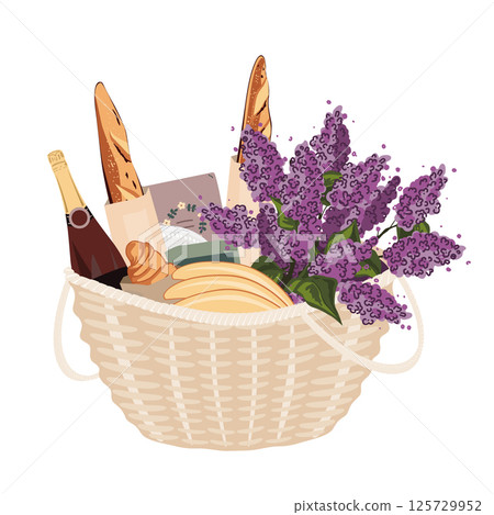 Big picnic basket isolated illustration. Vine bottle, baguette, croissants, book, and a big bunch of lilacs in bloom. Romantic outdoor date concept. Vector illustration 125729952