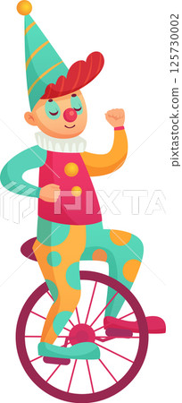 Circus clown wearing colorful costume riding unicycle raising arm during performance at entertainment show balancing on one wheel showcasing talent and skill 125730002