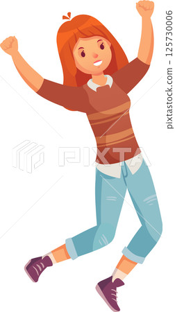 Enthusiastic young woman with red hair and casual clothes jumping with raised arms, expressing joy and excitement, celebrating success or achievement Enthusiastic young woman with red hair and casual clothes jumping with raised arms, expressing joy and excitement, celebrating success or achievement 125730006