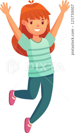 Cheerful redhead girl in a striped t shirt and teal pants joyfully jumping with arms raised high, radiating happiness and excitement in a carefree celebration of childhood 125730007