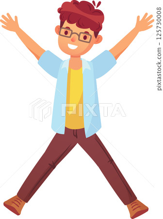 Cheerful student with glasses is jumping with open arms and legs apart, expressing joy and excitement, celebrating academic success or enjoying free time Cheerful student with glasses is jumping with open arms and legs apart, expressing joy and excitement, celebrating academic success or enjoying free time 125730008