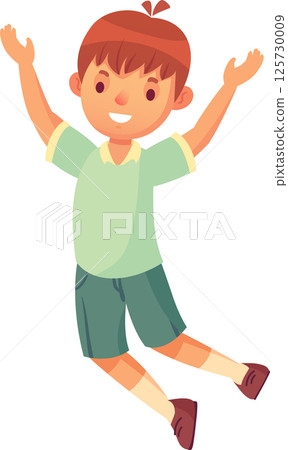 Joyful child leaping with outstretched arms, expressing happiness and excitement, celebrating achievement, positive emotions, carefree childhood, dynamic movement, vibrant illustration 125730009