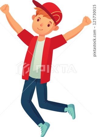 Young boy with red cap and jacket is happily jumping with raised arms, celebrating his success, expressing joy and excitement, perfect for youth, achievement and positive emotions concepts Young boy with red cap and jacket is happily jumping with raised arms, celebrating his success, expressing joy and excitement, perfect for youth, achievement and positive emotions concepts 125730015