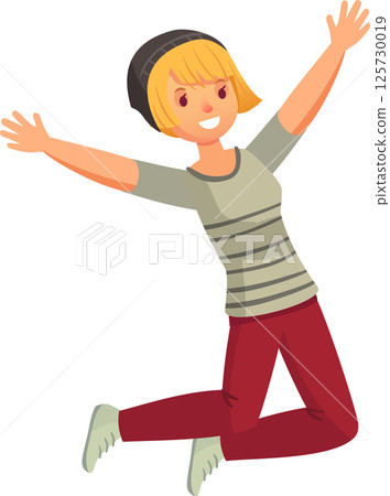 Happy young woman wearing casual clothes jumps joyfully with open arms, radiating excitement and freedom. Her cheerful smile captures the essence of positivity and carefree fun 125730019