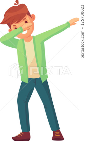 Cartoon illustration of a young man dabbing, covering his face with his arm and pointing the other arm to the side, expressing joy and victory Cartoon illustration of a young man dabbing, covering his face with his arm and pointing the other arm to the side, expressing joy and victory 125730023