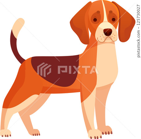 Cartoon illustration of a beagle dog standing with raised tail, showcasing its characteristic tri color coat and friendly expression, ideal for pet related designs Cartoon illustration of a beagle dog standing with raised tail, showcasing its characteristic tri color coat and friendly expression, ideal for pet related designs 125730027