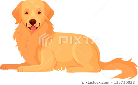 Cartoon golden retriever dog lying down with head raised and tongue playfully sticking out, set against a clean white background, radiating cheerfulness and warmth Cartoon golden retriever dog lying down with head raised and tongue playfully sticking out, set against a clean white background, radiating cheerfulness and warmth 125730028
