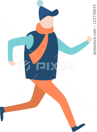 Illustration of a man running outside in winter wearing warm clothes, including a bobble hat, scarf, vest, long sleeved shirt, and trousers Illustration of a man running outside in winter wearing warm clothes, including a bobble hat, scarf, vest, long sleeved shirt, and trousers 125730035