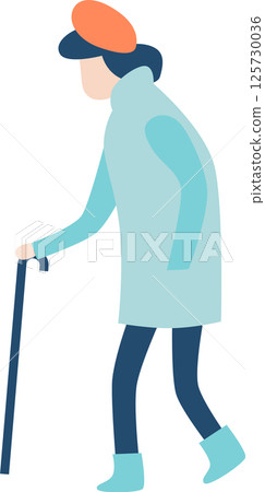 Senior woman wearing a stylish beret, warm winter coat, and sturdy boots, walking with a cane during the cold season, captured in a side view while enjoying the outdoors Senior woman wearing a stylish beret, warm winter coat, and sturdy boots, walking with a cane during the cold season, captured in a side view while enjoying the outdoors 125730036