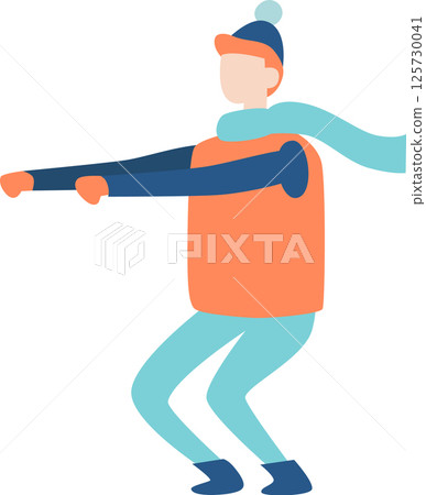 Young man dressed in winter attire, featuring an orange vest, light blue scarf, dark blue winter hat, and gloves, performing squats in the cold weather, promoting fitness and active lifestyle Young man dressed in winter attire, featuring an orange vest, light blue scarf, dark blue winter hat, and gloves, performing squats in the cold weather, promoting fitness and active lifestyle 125730041
