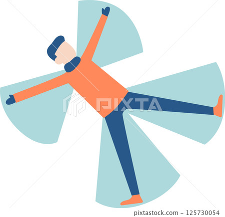 Young man lying on the ground in winter clothes, joyfully creating a snow angel by moving his arms and legs up and down on a fresh blanket of snow, embracing the fun of winter 125730054